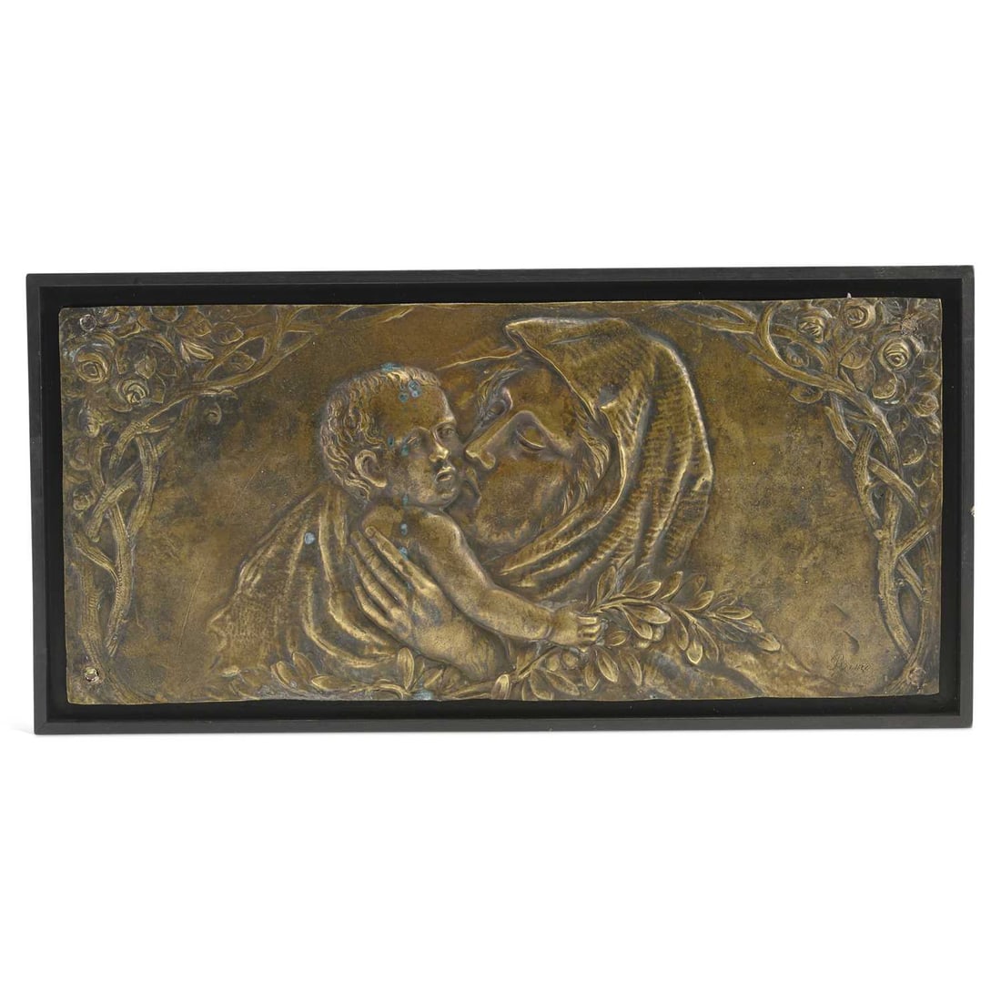 V A PATINATED BRONZE RELIEF PLAQUE OF THE MADONNA AND CHILD: V A PATINATED BRONZE RELIEF PLAQUE OF THE MADONNA AND CHILD the Virgin tenderly embracing the Christ Child, framed by flowering rose branches, signed BRIVIO lower right. 50cm by 24.5cm overall