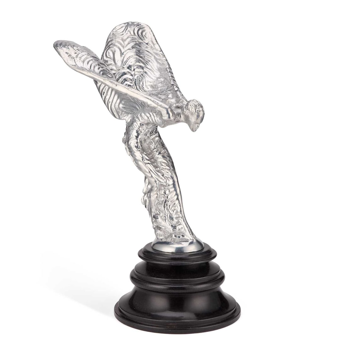 A SPIRIT OF ECSTACY PROMOTIONAL FIGURE: A SPIRIT OF ECSTACY PROMOTIONAL FIGURE the large Rolls Royce figure of silvered metal, set upon a black marbled base, after Charles Robinson Sykes. 64cm high