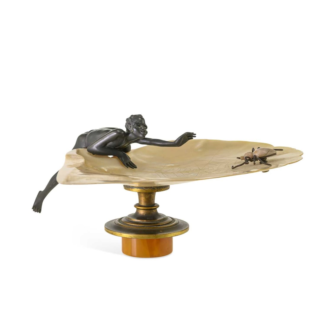 AN AUSTRIAN BRONZE AND MOTHER-OF-PEARL DISH CIRCA 1890: AN AUSTRIAN BRONZE AND MOTHER-OF-PEARL DISH CIRCA 1890 amusingly modelled as a figure reaching towards a spider climbing through its web, carved into a large mother-of-pearl dish, set upon a gilt-bron