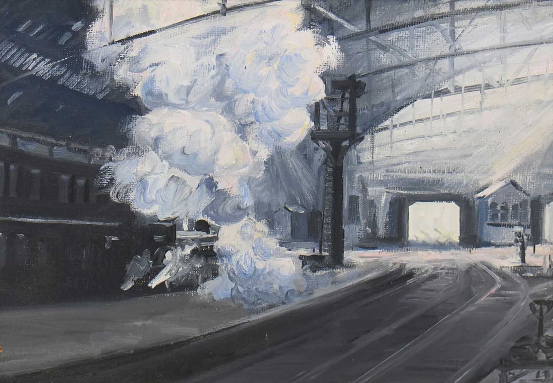 ‡ V RONALD LAMBERT MOORE BWS (1927-1992) STEAM TRAIN AT THE STATION (1 of 2)