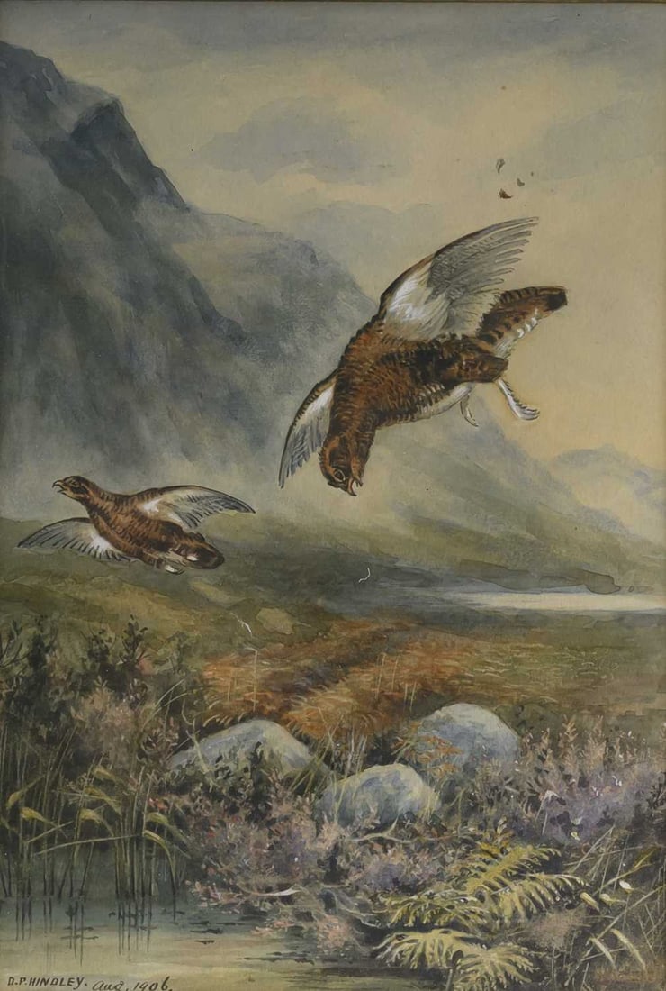 D. F. HINDLEY (LATE 19TH/EARLY 20TH CENTURY) 'THE FIRST TO THE BAG': D. F. HINDLEY (LATE 19TH/EARLY 20TH CENTURY) 'THE FIRST TO THE BAG' Signed and dated August 1906, titled verso Watercolour heightened with white (29.2cm x 20cm)