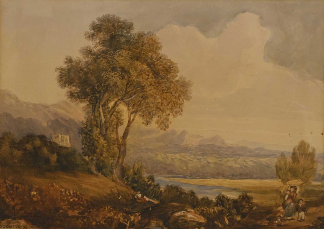 ATTRIBUTED TO FRANCIS OLIVER FINCH (1802-1862) LAKELAND LANDSCAPE WITH FIGURES: ATTRIBUTED TO FRANCIS OLIVER FINCH (1802-1862) LAKELAND LANDSCAPE WITH FIGURES Indistinctly signed and dated 22/11/60 Watercolour Mounted but unframed (20cm x 28cm)