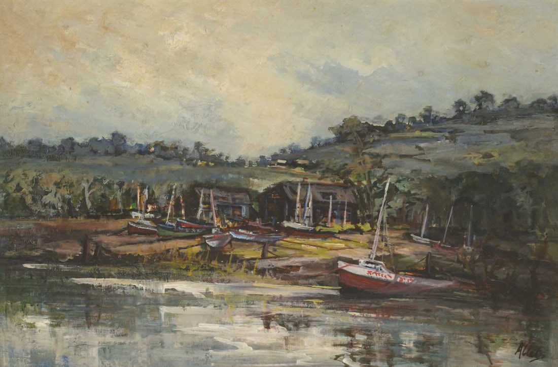 ‡ STELLA MARY EDWARDS 'YRAM ALLETS' (1915-2009) HARBOUR SCENE: ‡ STELLA MARY EDWARDS 'YRAM ALLETS' (1915-2009) HARBOUR SCENE Signed (label verso) Oil on paper/card (50cm x 76cm)
