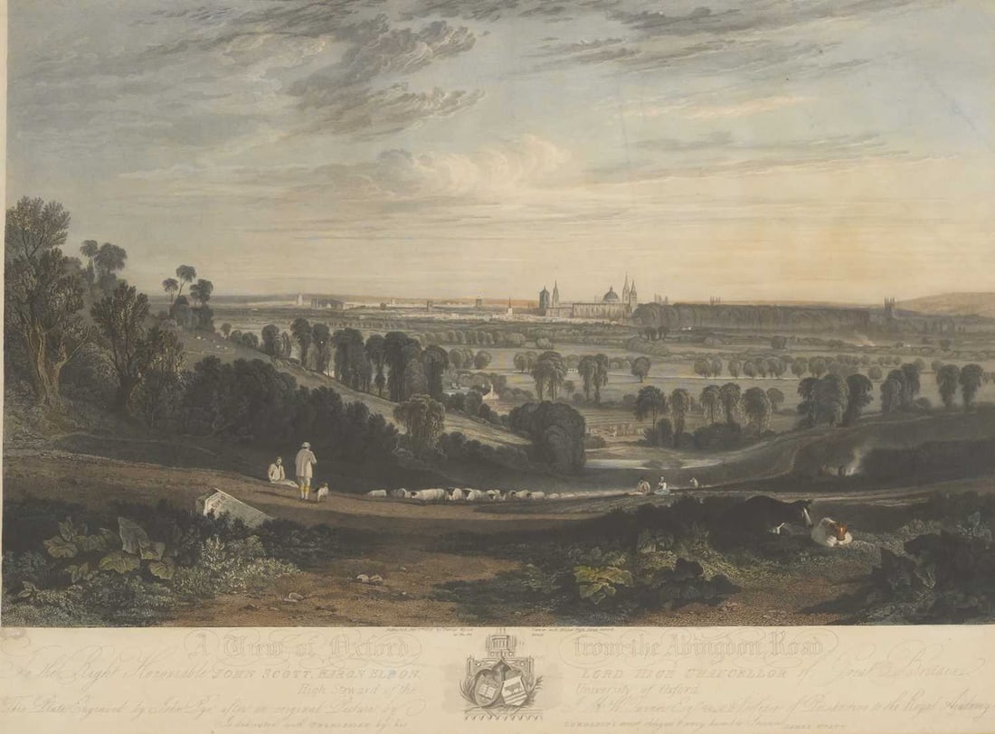 AFTER JOSEPH MALLORD WILLIAM TURNER (1775-1851) A VIEW OF OXFORD FROM THE ABINGDON ROAD: AFTER JOSEPH MALLORD WILLIAM TURNER (1775-1851) A VIEW OF OXFORD FROM THE ABINGDON ROAD Engraved by John Pye. Colour print Dedicated to the Right Honourable John Scott. Baron Eldon, Lord High Chancell