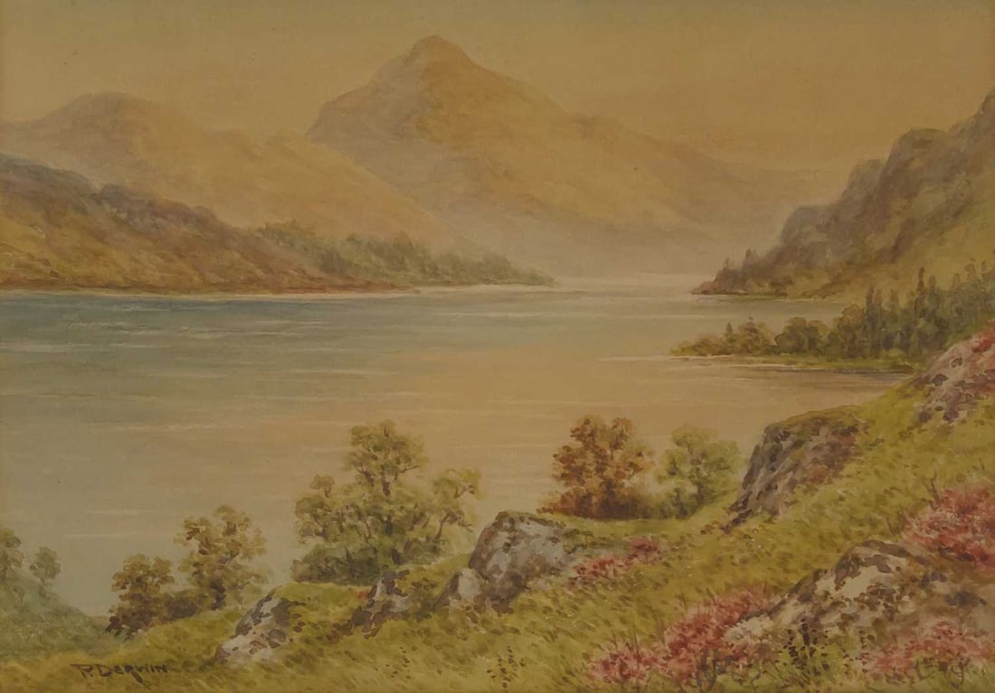 P DERWIN (19TH/ 20TH CENTURY) LOCH MAREE: P DERWIN (19TH/ 20TH CENTURY) LOCH MAREE Signed. titled on label verso Watercolour (25.5cm x 36cm)