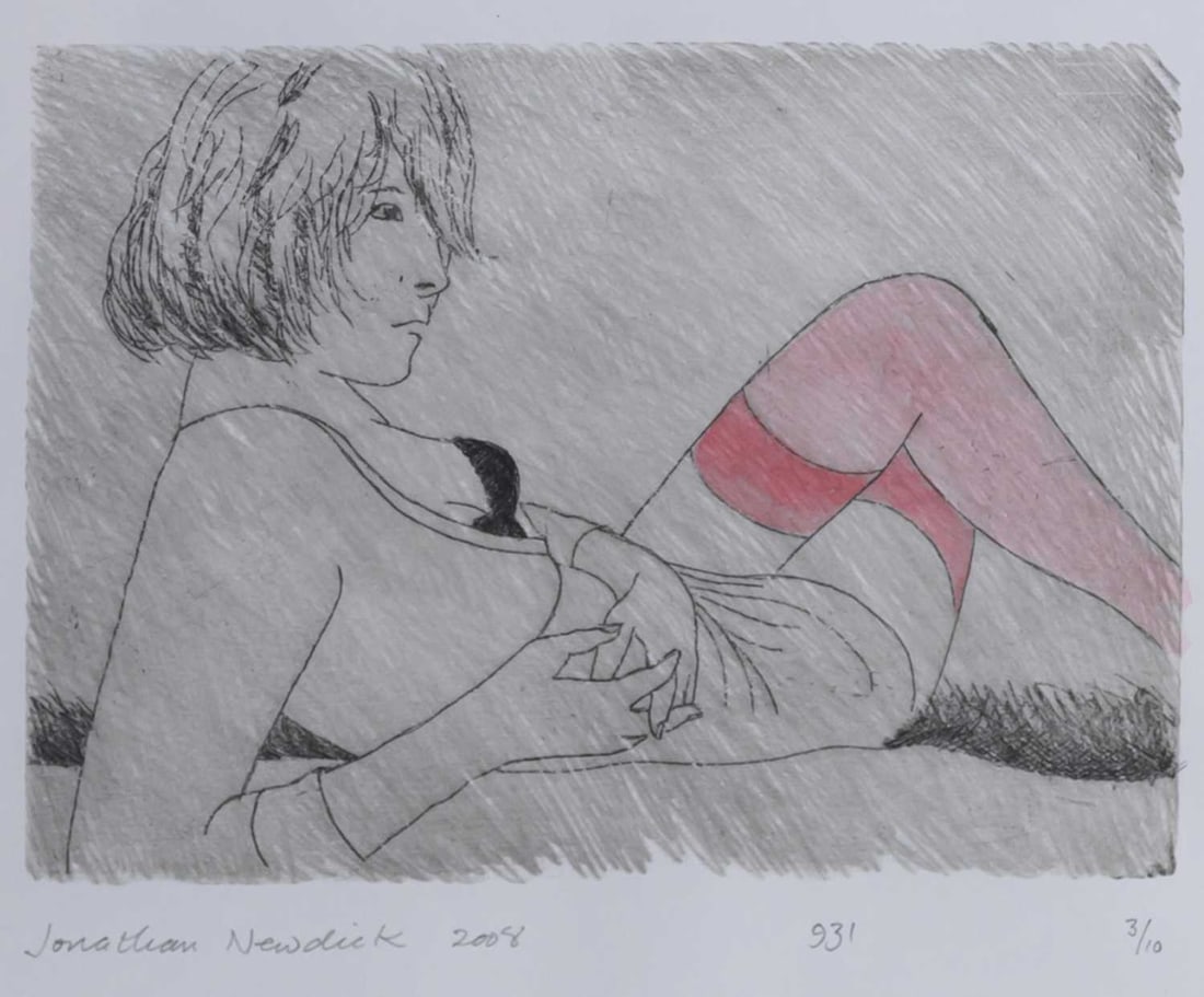 ‡ JONATHAN NEWDICK (BORN 1948) PINK STOCKINGS 2008: ‡ JONATHAN NEWDICK (BORN 1948) PINK STOCKINGS 2008 Signed, titled and dated 2008, numbered 931 and 3/10 Hand coloured etching Provenance: With Chris Beetles Gallery Sold together with an indistinctl