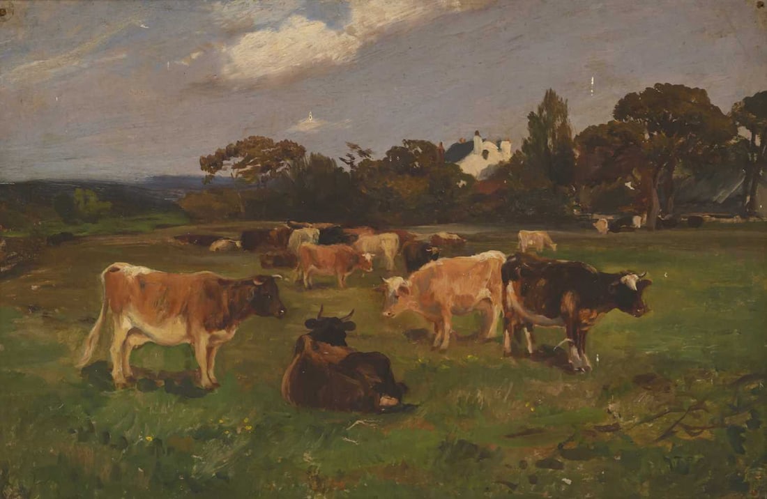 20TH CENTURY ENGLISH SCHOOL CATTLE IN A MEADOW: 20TH CENTURY ENGLISH SCHOOL CATTLE IN A MEADOW Oil on canvas (34.5cm x 52.5cm)