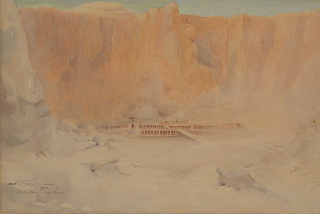CHARLES WHYMPER (1853-1941) HATASHU'S TEMPLE AT DEIR EL BAHARI: CHARLES WHYMPER (1853-1941) HATASHU'S TEMPLE AT DEIR EL BAHARI Signed, dated 1913 and titled Watercolour Provenance: Private Collection, North Yorkshire (33.5cm x 49cm)