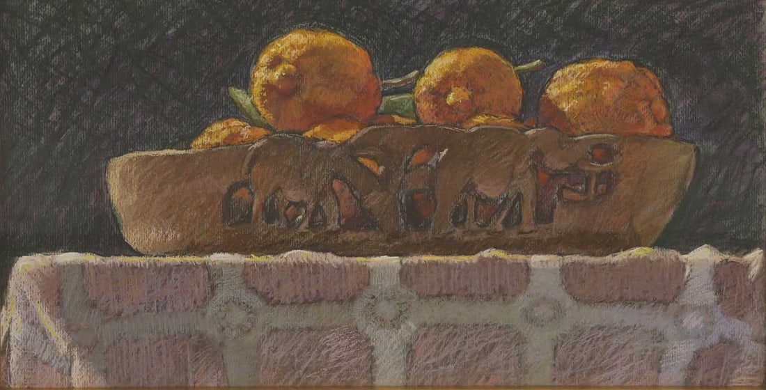V SODR (RHODESIAN/ ZIMBABWEAN MODERN SCHOOL) STILL LIFE OF LEMONS IN AN AFRICAN CARVED WOODEN BOWL (1 of 2)