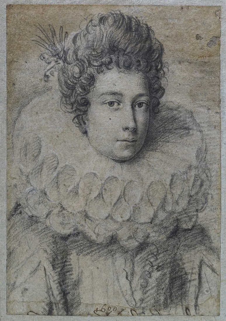 OTTAVIO MARIA LEONI (ITALIAN 1578-1630) PORTRAIT OF A NOBLEWOMAN: OTTAVIO MARIA LEONI (ITALIAN 1578-1630) PORTRAIT OF A NOBLEWOMAN Dated 1600 with remnants of an inscription in ink Black and white chalk on blue paper laid to card Provenance: B.E & P.W Pleydell-B