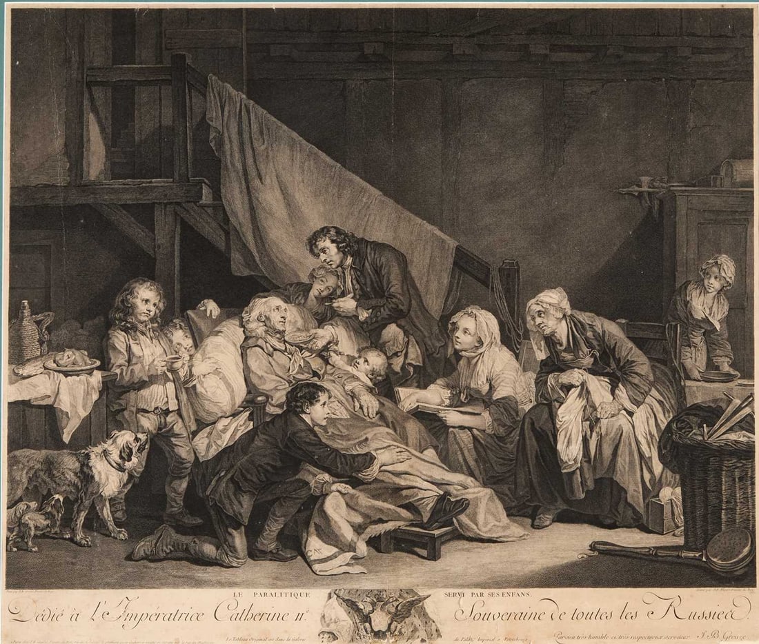 JEAN JACQUES FLIPART (1719-1782) AFTER GREUZE (1725-1805) LA PARALYTIQUE SERVI PAR SES ENFANTS (1 of 2)