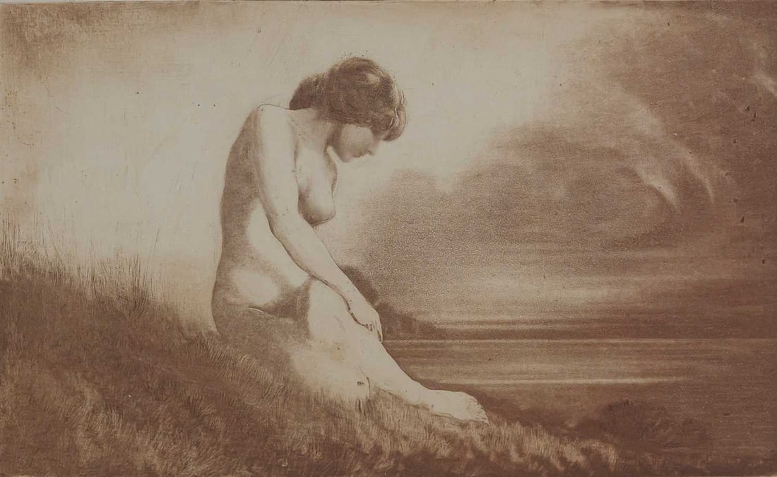 CONSTANT DRATZ (BELGIAN 1875-1946) NUDE BY THE SHORELINE: CONSTANT DRATZ (BELGIAN 1875-1946) NUDE BY THE SHORELINE Drypoint and aquatint etching, printed in sanguine (21.5cm x 34.5cm)