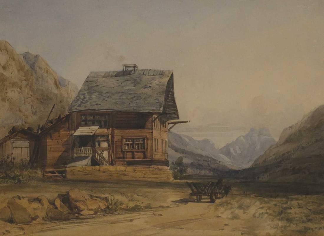 ATTRIBUTED TO WILLIAM CALLOW (1812-1908) A SWISS FARMHOUSE WITH CART: ATTRIBUTED TO WILLIAM CALLOW (1812-1908) A SWISS FARMHOUSE WITH CART Watercolour Provenance: Christies stencil verso BA035 and date in chalk for 18/06/80 Private Collection, North Yorkshire (23.5cm x 