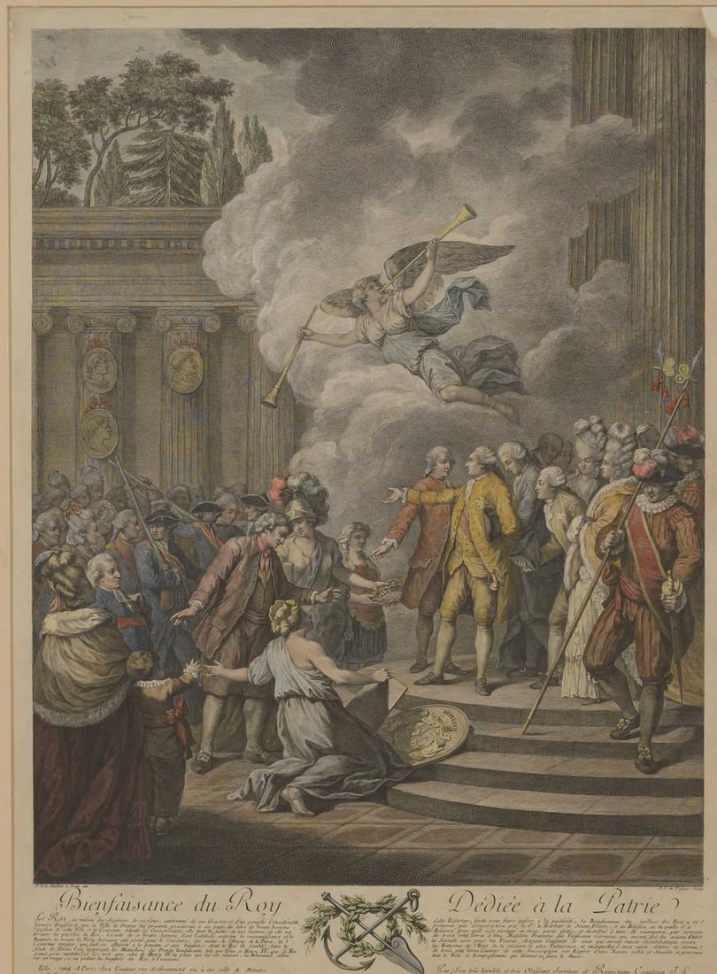 AFTER JEAN-LOUIS LE BARBIER THE YOUNGER (FRENCH 1743-1805) BIENFAISANCE DU ROY DEDIEE A LA PATRIE: AFTER JEAN-LOUIS LE BARBIER THE YOUNGER (FRENCH 1743-1805) BIENFAISANCE DU ROY DEDIEE A LA PATRIE Hand coloured print by Charles Levasseur Published 1780 (50cm x 35cm)