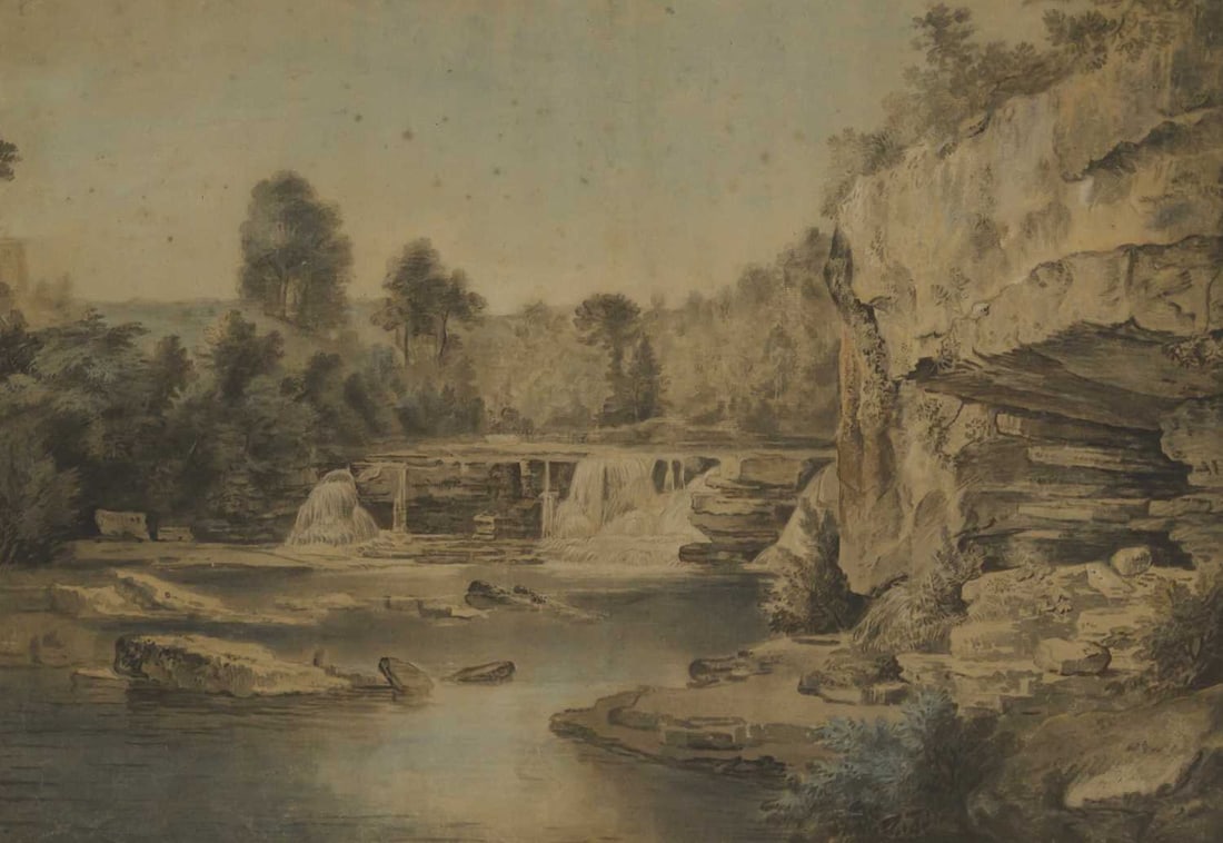 GEORGE CUITT THE ELDER (1743-1818) AYSGARTH FALLS, NW RIDING, YORKSHIRE: GEORGE CUITT THE ELDER (1743-1818) AYSGARTH FALLS, NW RIDING, YORKSHIRE Inscribed Pencil and watercolour Provenance: Private Collection, North Yorkshire (40.5cm x 56cm)