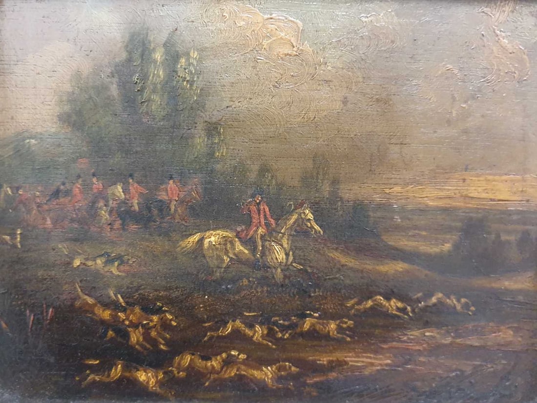 EARLY 19TH CENTURY ENGLISH SCHOOL HUNTING SCENE: EARLY 19TH CENTURY ENGLISH SCHOOL HUNTING SCENE Labelled verso 'Ferneley' Oil on panel (12cm x 16cm)