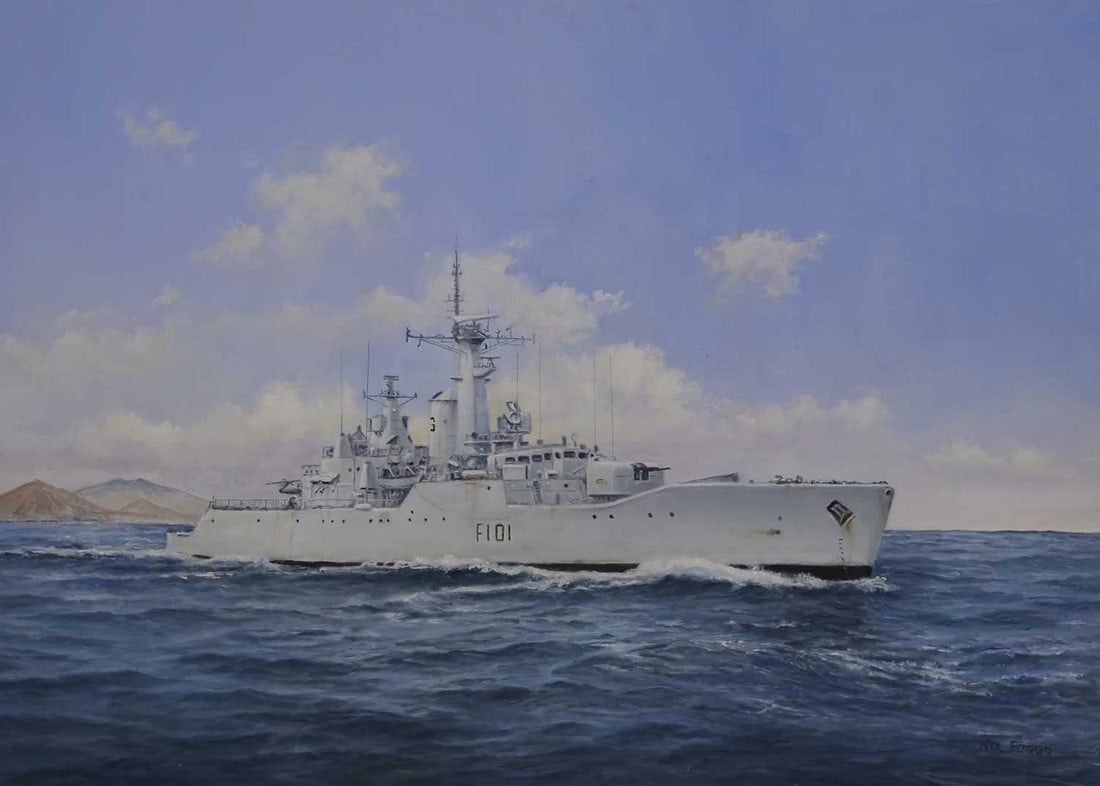 ‡ NEIL FOGGO (CONTEMPORARY) HMS YARMOUTH DEPARTING ASCENSION ISLAND FOR THE FALKLANDS, MAY 1982 (1 of 1)
