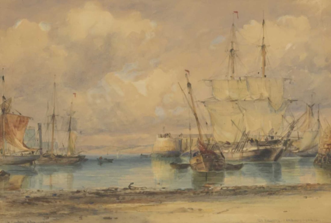 EDWARD WILLIAM COOKE RA (1811-1880) ST HELIER HARBOUR, JERSEY: EDWARD WILLIAM COOKE RA (1811-1880) ST HELIER HARBOUR, JERSEY Signed, dated 1860 and titled Watercolour Provenance: Private Collection, North Yorkshire (21.5cm x 31cm)