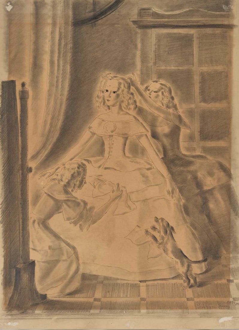 EARLY 20TH CENTURY FRENCH SCHOOL FITTING THE DRESS: EARLY 20TH CENTURY FRENCH SCHOOL FITTING THE DRESS Inscribed 'Francesca, Paris' and dated 1934 January Pen over pencil Unframed (50cm x 36.5cm)