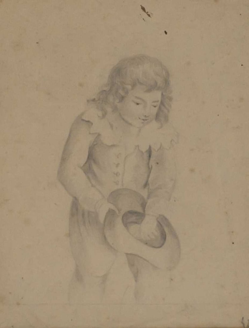 18TH CENTURY DUTCH OR ENGLISH SCHOOL SKETCH OF A BOY HOLDING A HAT: 18TH CENTURY DUTCH OR ENGLISH SCHOOL SKETCH OF A BOY HOLDING A HAT Pencil Mounted but unframed (25cm x 19cm)
