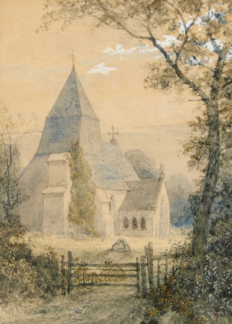 JOHN CALLOW (1822-1878) HOLLINGTON CHURCH, SUSSEX: JOHN CALLOW (1822-1878) HOLLINGTON CHURCH, SUSSEX Signed with monogram Watercolour heightened with white Provenance: With The Fine Art Society Ltd, London (label verso) (17.5cm x 12.5cm)