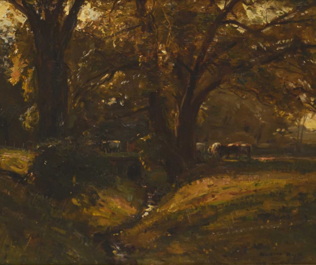 ‡ HERBERT ROYLE (1870-1958) WOODLAND LANDSCAPE WITH CATTLE: ‡ HERBERT ROYLE (1870-1958) WOODLAND LANDSCAPE WITH CATTLE Signed Oil on canvas (24.5cm x 29.5cm)