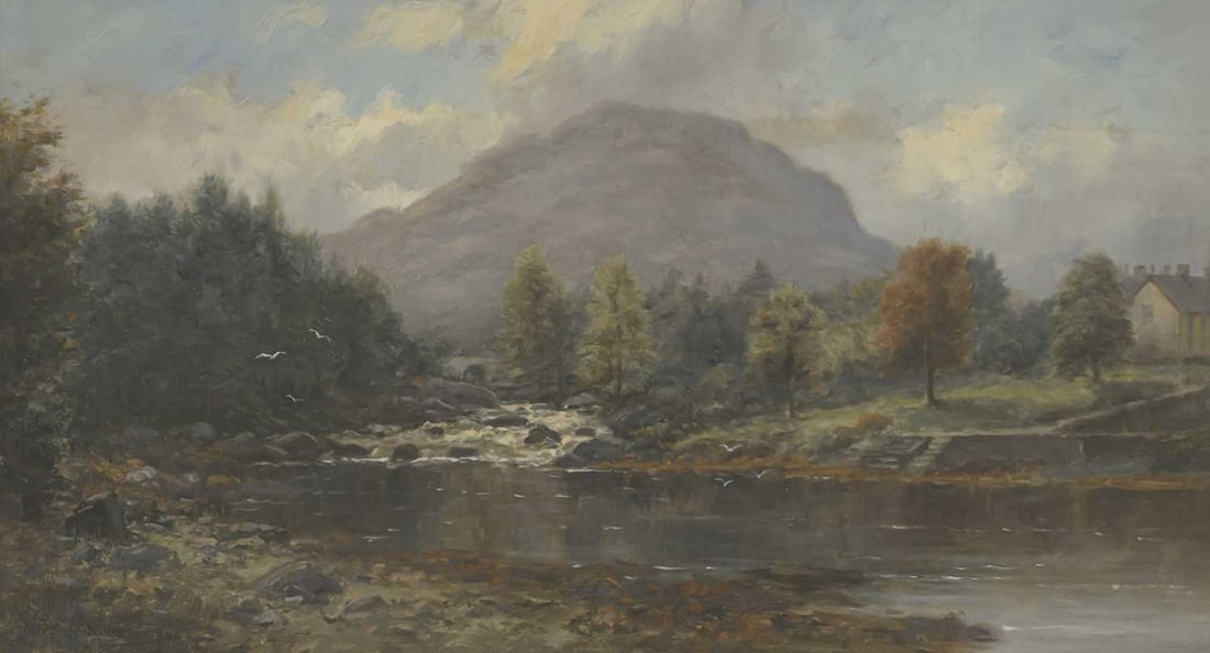 ALEXANDER WILLIAMS RHA (1846-1930) WHERE THE SHEEN RIVER MEETS THE SEA AT FALLS, KENMARE: ALEXANDER WILLIAMS RHA (1846-1930) WHERE THE SHEEN RIVER MEETS THE SEA AT FALLS, KENMARE Signed Oil on card/board Provenance: Artists label verso. Private Collection, North Yorkshire (24.5cm x 45cm)
