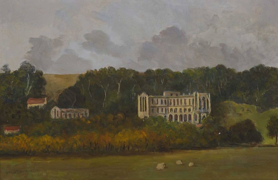 ‡ CAPTAIN VICTOR MALCOLM WOMBWELL (1893-1986) RIEVAULX ABBEY, YORKSHIRE: ‡ CAPTAIN VICTOR MALCOLM WOMBWELL (1893-1986) RIEVAULX ABBEY, YORKSHIRE Signed Oil on canvas board (29cm x 44.5cm)