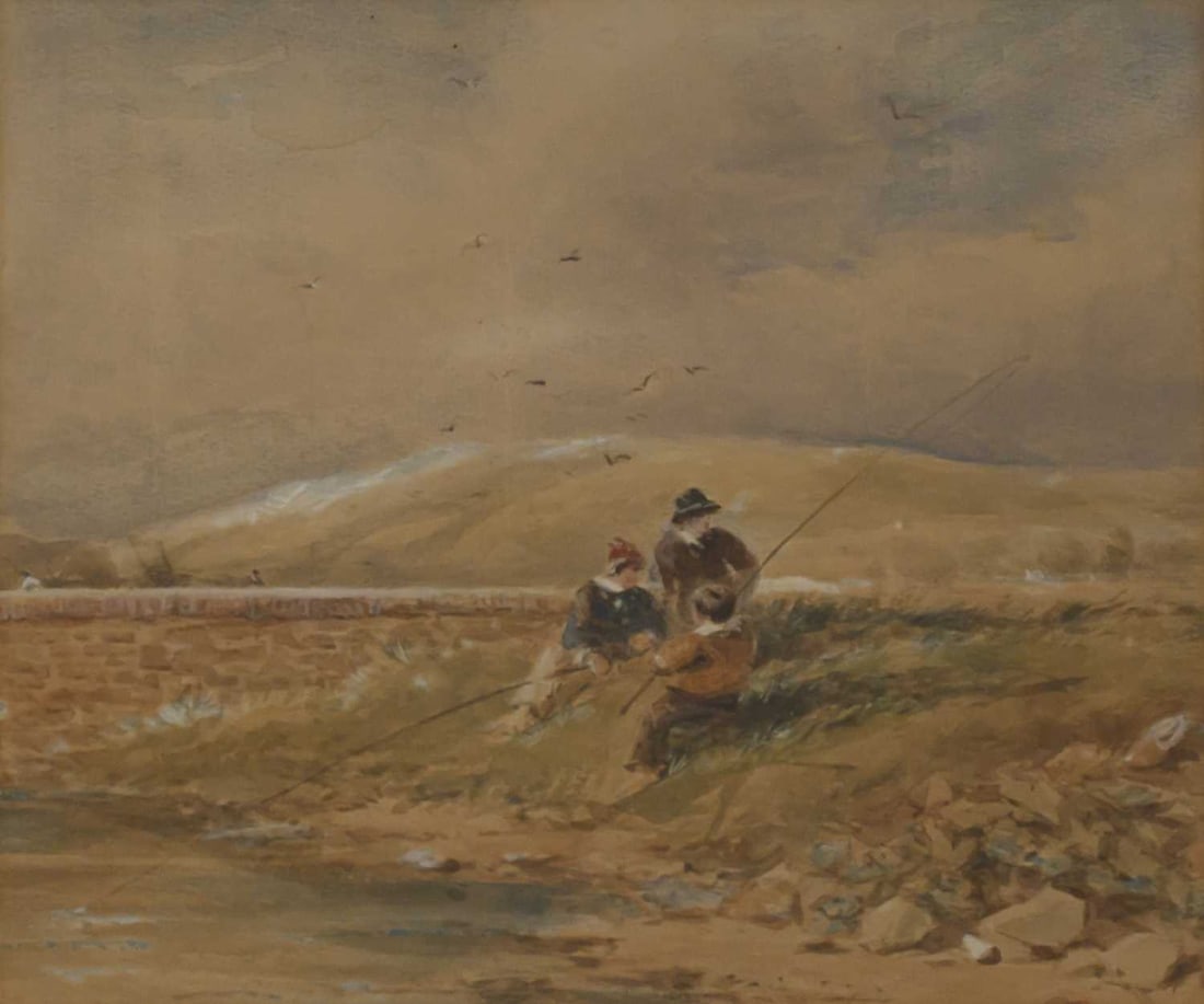 ATTRIBUTED TO DAVID COX THE ELDER (1783-1859) THREE BOYS FISHING: ATTRIBUTED TO DAVID COX THE ELDER (1783-1859) THREE BOYS FISHING Watercolour heightened with white Provenance: Private Collection, North Yorkshire (25cm x 28.5cm)