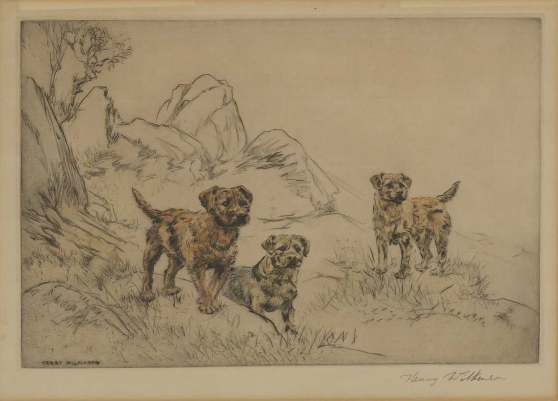 ‡ HENRY WILKINSON (1921-2011) THREE BORDER TERRIERS IN A LANDSCAPE: ‡ HENRY WILKINSON (1921-2011) THREE BORDER TERRIERS IN A LANDSCAPE Signed in pencil Colour etching (24cm x 34.5cm)