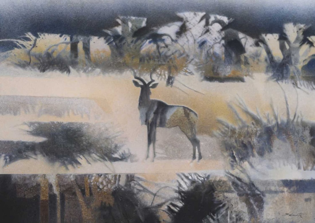 V IZIDRO DUARTE (SOUTH AFRICAN BORN 1942) MALE KUDU: V IZIDRO DUARTE (SOUTH AFRICAN BORN 1942) MALE KUDU Signed, dated 2002 and inscribed verso Mixed media and lacquer spray on board In a custom made material covered and decorated frame (Including frame