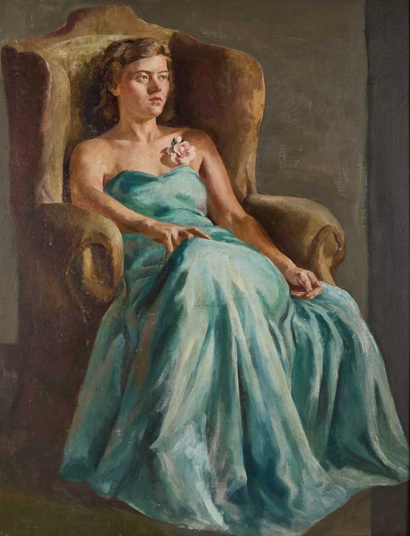 ‡ ALFRED BURGESS SHARROCKS (1919-1988) PORTRAIT OF A LADY IN A BLUE DRESS, PORTRAIT OF A LADY: ‡ ALFRED BURGESS SHARROCKS (1919-1988) PORTRAIT OF A LADY IN A BLUE DRESS, PORTRAIT OF A LADY VERSO Signed on verso portrait Oil on board (90cm x 65.5cm)