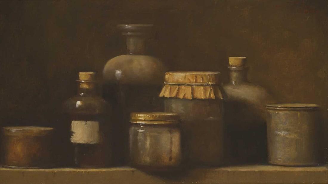 ‡ V ATTRIBUTED TO NEIL NELSON (CONTEMPORARY) STILL LIFE OF BOTTLES AND JARS: ‡ V ATTRIBUTED TO NEIL NELSON (CONTEMPORARY) STILL LIFE OF BOTTLES AND JARS Indistinctly signed and dated 2000 Oil on paper laid to board (34.5cm x 59.5cm)