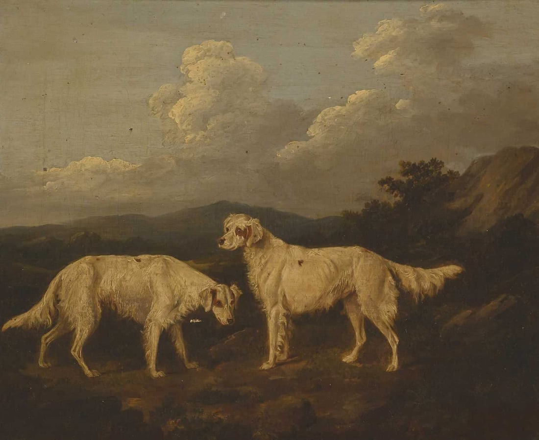 ATTRIBUTED TO ABRAHAM COOPER (1787-1868) TWO WHITE ENGLISH SETTERS IN A MOUNTAIN LANDSCAPE: ATTRIBUTED TO ABRAHAM COOPER (1787-1868) TWO WHITE ENGLISH SETTERS IN A MOUNTAIN LANDSCAPE Oil on canvas (34cm x 43cm)