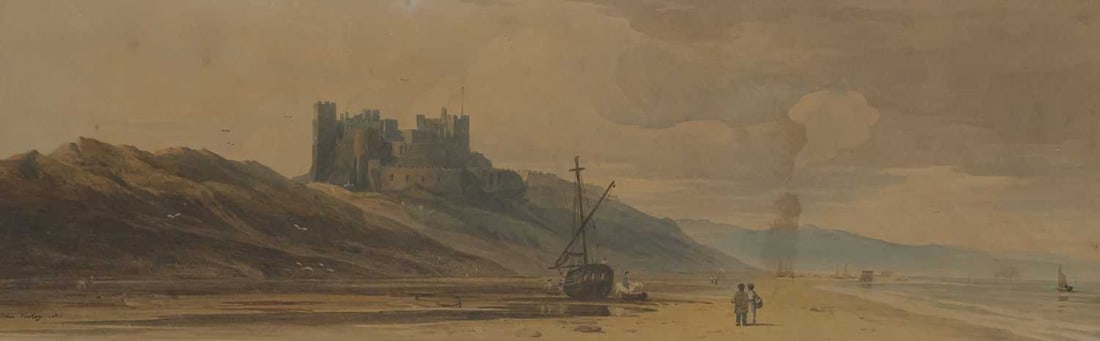 JOHN VARLEY (1778-1842) BAMBURGH CASTLE FROM THE BEACH WITH FIGURES AND VESSELS: JOHN VARLEY (1778-1842) BAMBURGH CASTLE FROM THE BEACH WITH FIGURES AND VESSELS Signed and dated 1811 (or 1816) Watercolour Provenance: With Walker Galleries, London (label verso) Christies stencil ve