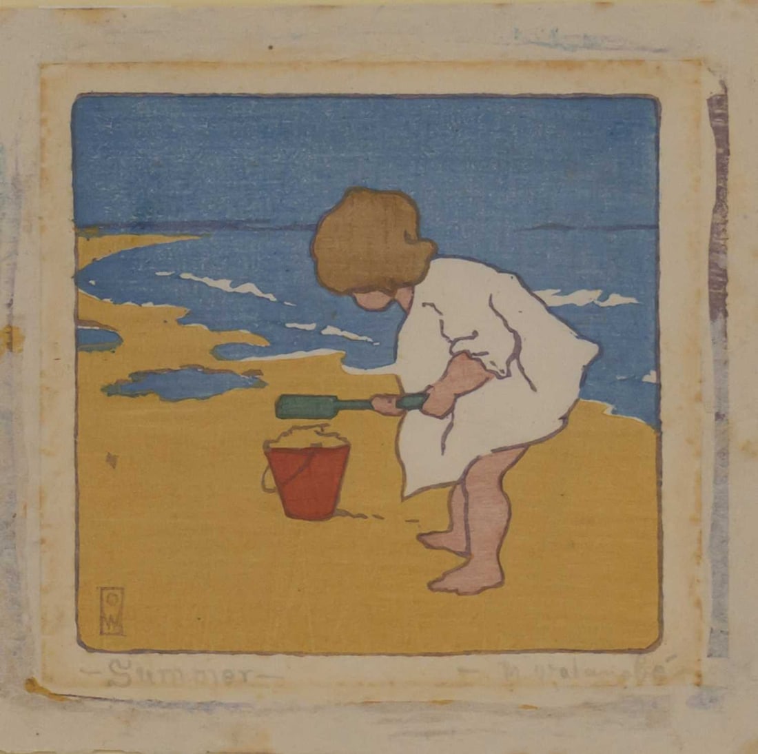 MUSME (?) WATANABE (JAPANESE 1887-1940) EDNA, BROADSTAIRS SANDS, AUGUST 1922: MUSME (?) WATANABE (JAPANESE 1887-1940) EDNA, BROADSTAIRS SANDS, AUGUST 1922 Original colour woodcut, signed with monogram, signed in pencil and titled 'Summer' Old label attached with title, signatur
