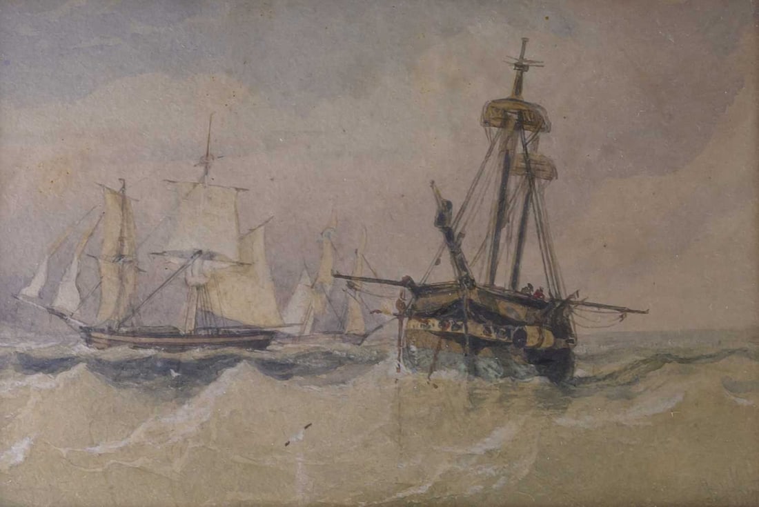 CIRCLE OF RICHARD PARKES BONINGTON (1802-1828) SHIPS AT SEA: CIRCLE OF RICHARD PARKES BONINGTON (1802-1828) SHIPS AT SEA Indistinctly signed lower right Watercolour Provenance: James Bourlet & Sons label verso. Private Collection, North Yorkshire. (11.5cm x