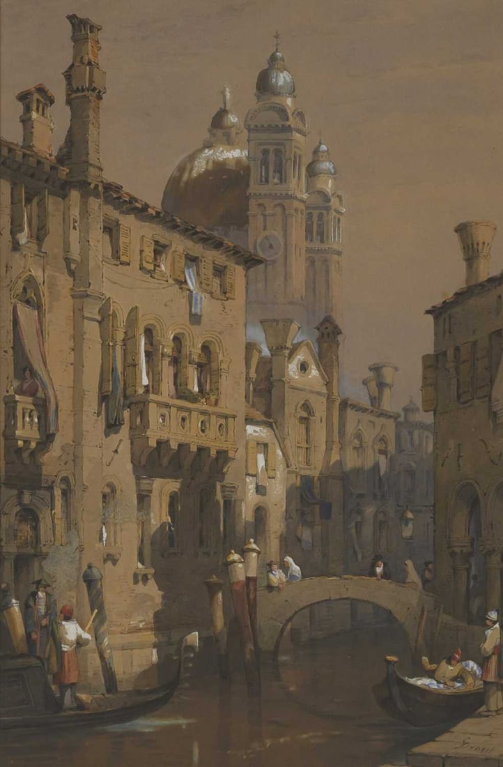SAMUEL PROUT (1783-1852) VENICE CANAL SCENE WITH GONDOLAS (1 of 3)