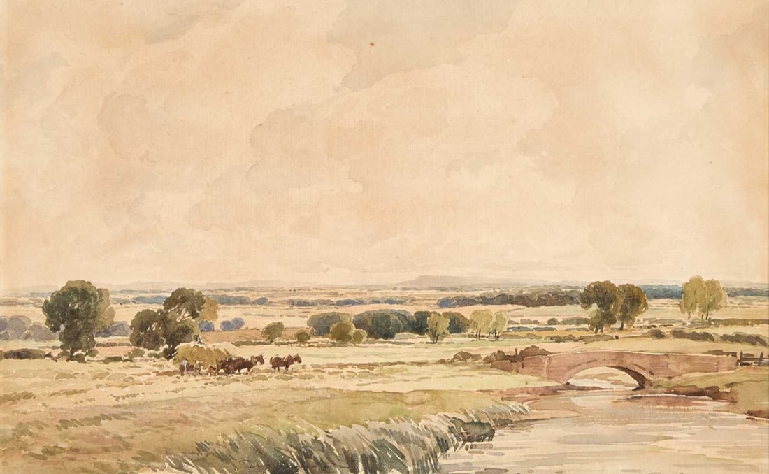 PERCY LANCASTER (1878-1951) RIVER LANDSCAPE WITH HAY CART: PERCY LANCASTER (1878-1951) RIVER LANDSCAPE WITH HAY CART Watercolour (23.5cm x 37cm)