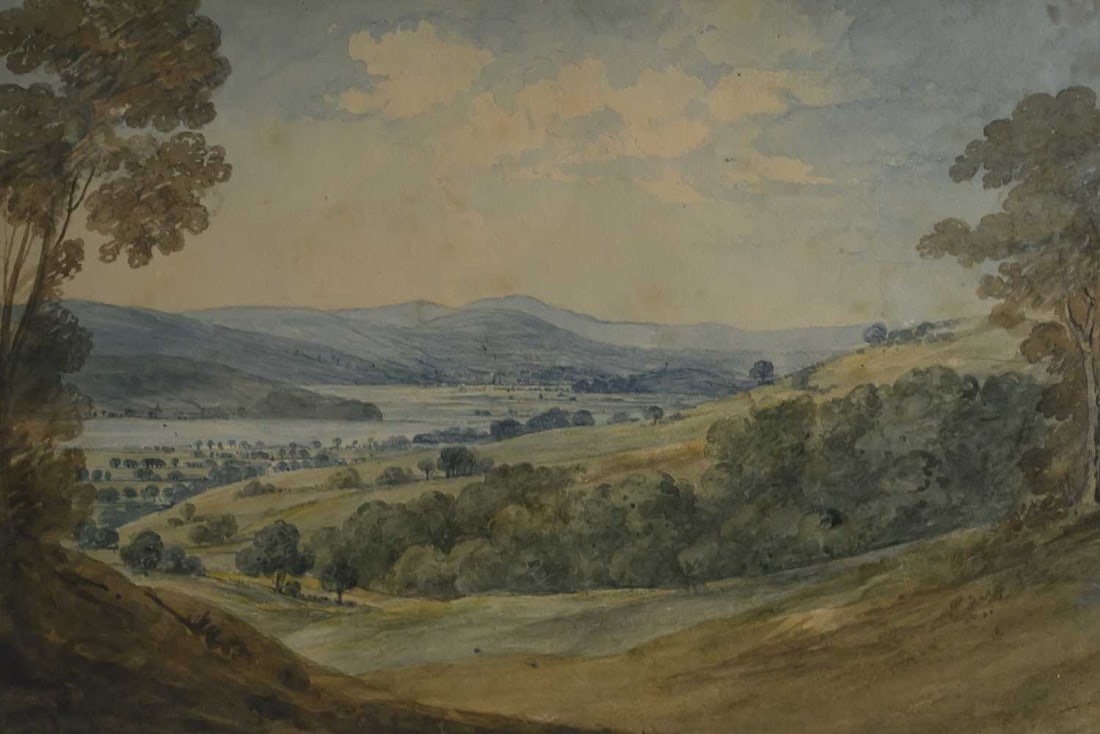 EARLY 19TH CENTURY ENGLISH SCHOOL VALLEY LANDSCAPE: EARLY 19TH CENTURY ENGLISH SCHOOL VALLEY LANDSCAPE Pencil and watercolour (22.5cm x 33cm)