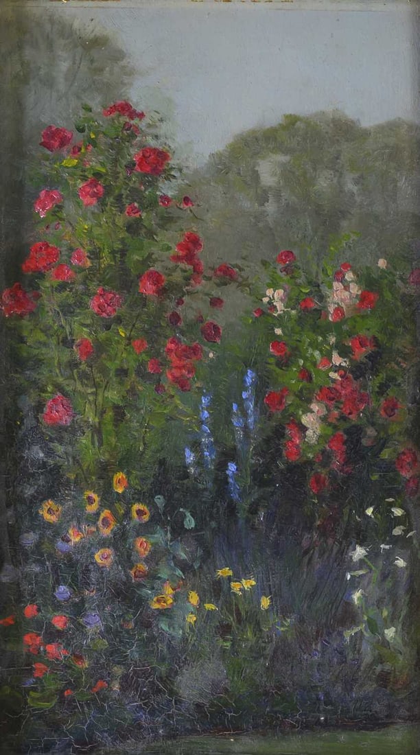 LATE 19TH CENTURY ENGLISH SCHOOL FLOWERS IN A GARDEN: LATE 19TH CENTURY ENGLISH SCHOOL FLOWERS IN A GARDEN Oil on panel Panel by Lechertier Barbe Ltd, 60 Regent Street, London (label verso) (23.5cm x 13cm)