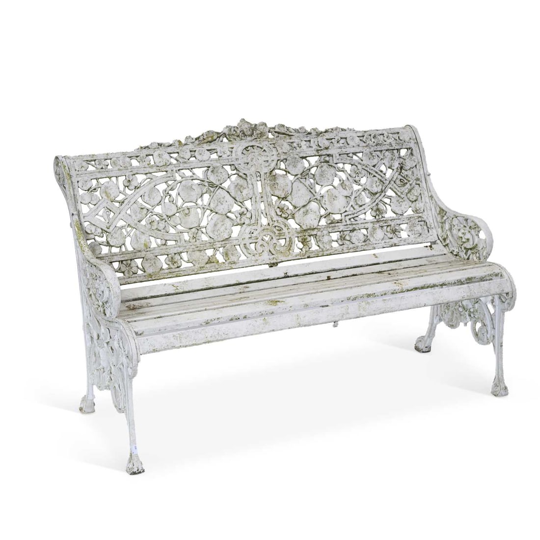 A CAST METAL GARDEN BENCH: A CAST METAL GARDEN BENCH the openwork back cast with stylised foliage, the ends similarly cast. 128cm long