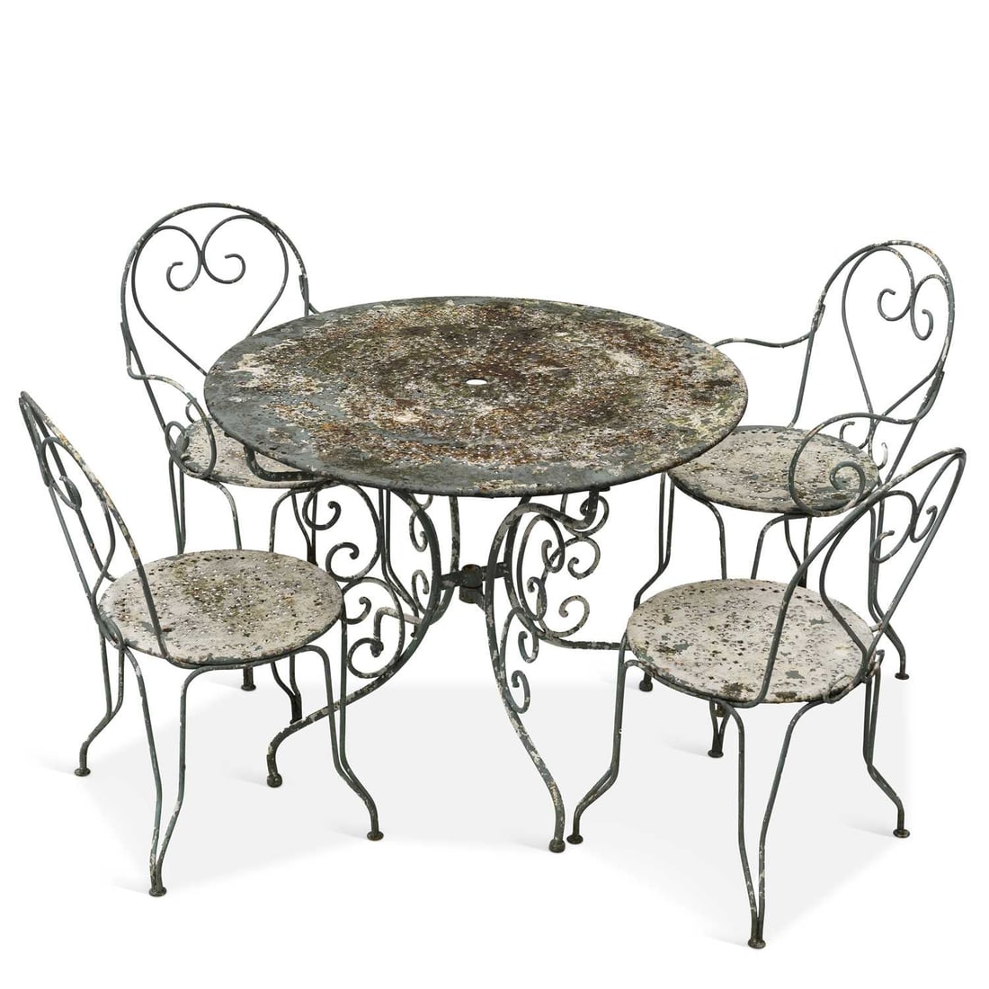 A PAINTED WROUGHT IRON GARDEN TABLE AND FOUR CHAIRS: A PAINTED WROUGHT IRON GARDEN TABLE AND FOUR CHAIRS the circular table with scroll-form supports. (5) 75cm high, 97cm diameter
