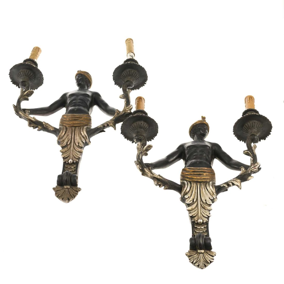A PAIR OF 20TH CENTURY PAINTED AND PARCEL-GILT FIGURAL TWO-LIGHT WALL APPLIQUES: A PAIR OF 20TH CENTURY PAINTED AND PARCEL-GILT FIGURAL TWO-LIGHT WALL APPLIQUES with scrolling acanthus branches fitted with two candle sconces. (2) Each 59cm high