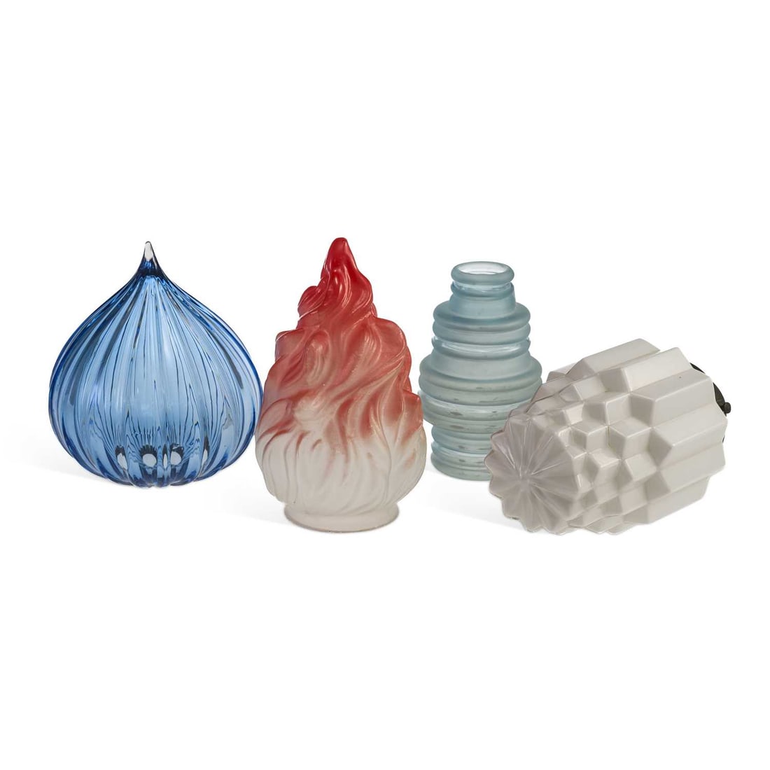 V A GROUP OF FOUR ART DECO MOULDED-GLASS LIGHT SHADES: V A GROUP OF FOUR ART DECO MOULDED-GLASS LIGHT SHADES comprising a blue ribbed onion-form shade, a red and white flame-form shade, a pale blue stepped shade and an opaline geometric shade. (4) Tallest
