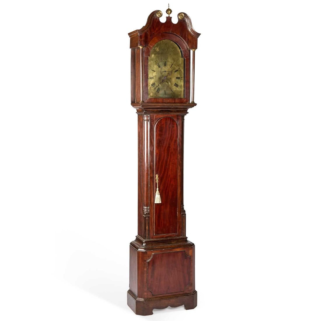 A GEORGE III MAHOGANY THIRTY-HOUR LONGCASE CLOCK SIGNED BADDELY, ALBRIGHTON: A GEORGE III MAHOGANY THIRTY-HOUR LONGCASE CLOCK SIGNED BADDELY, ALBRIGHTON the 12-inch arched brass dial with subsidiary seconds and date crescent, the hood with a swan-neck pediment and columns, the