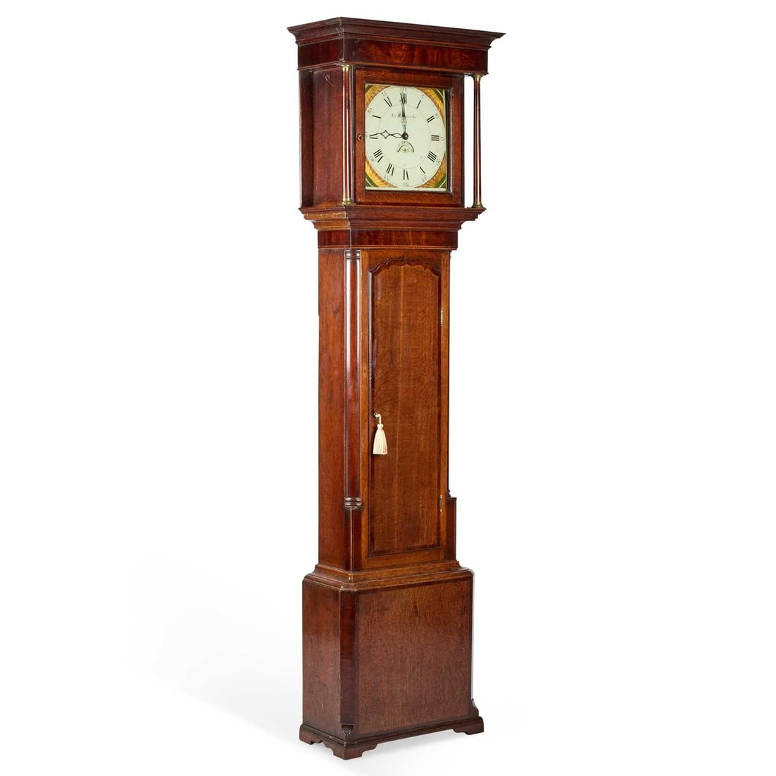 AN EARLY 19TH CENTURY OAK THIRTY-HOUR LONGCASE CLOCK SIGNED THOS. HARGRAVES SENR., SETTLE: AN EARLY 19TH CENTURY OAK THIRTY-HOUR LONGCASE CLOCK SIGNED THOS. HARGRAVES SENR., SETTLE the 12-inch square painted dial with date crescent, the flat hood with columns, the case with quarter columns 