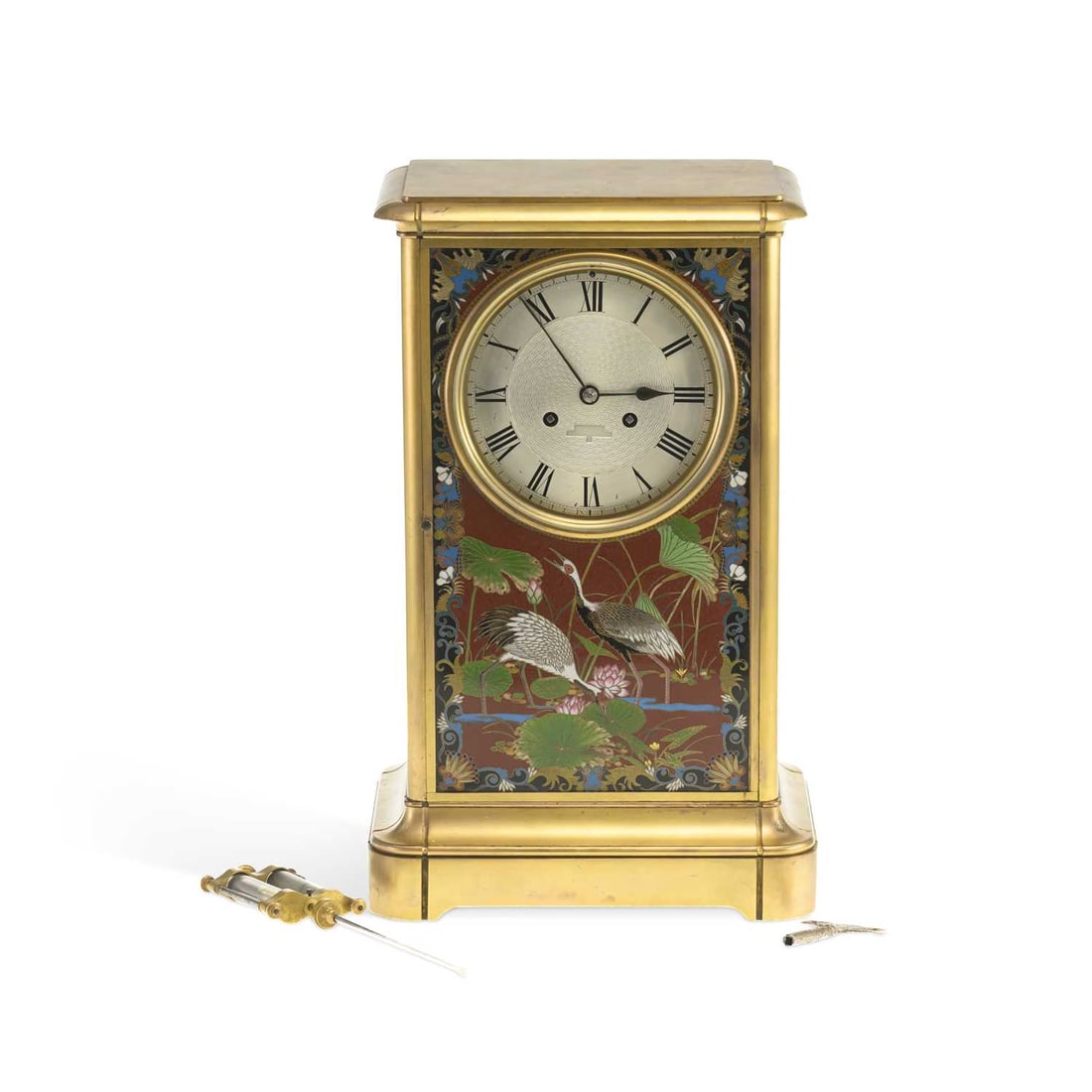 A LARGE 19TH CENTURY FRENCH GILT BRASS MANTEL CLOCK WITH JAPANESE CLOISONNÉ PANELS: A LARGE 19TH CENTURY FRENCH GILT BRASS MANTEL CLOCK WITH JAPANESE CLOISONNÉ PANELS the moulded case enclosing cloisonné panels to all four sides decorated with cranes and pheasants amongst reeds and