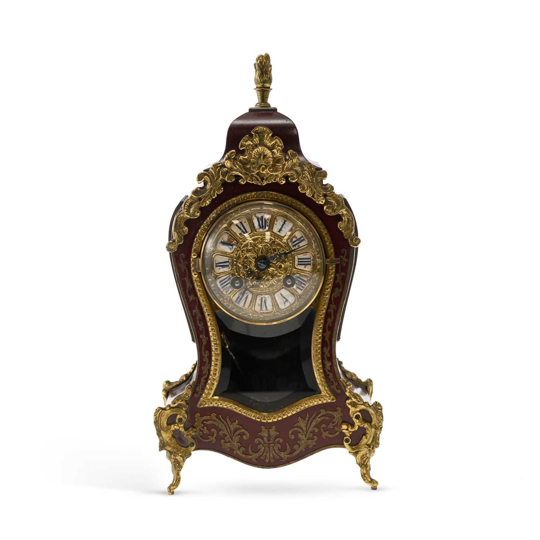 A LATE 19TH CENTURY FRENCH SIMULATED BOULLEWORK MANTEL CLOCK SIGNED JAPY FRERES: A LATE 19TH CENTURY FRENCH SIMULATED BOULLEWORK MANTEL CLOCK SIGNED JAPY FRERES of typical waisted form with a flaming finial and foliate cast brass mounts, two-train movement outside count wheel stri