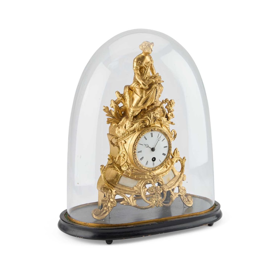 A 19TH CENTURY FRENCH GILT-METAL MANTEL CLOCK: A 19TH CENTURY FRENCH GILT-METAL MANTEL CLOCK the clock surmounted by the figure of a Classical maiden, white enamel dial, single-train movement, under a glass dome and raised on a wooden plinth base,